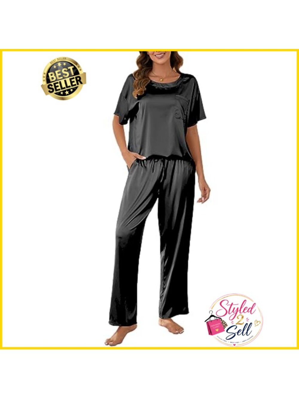 Satin Silky Pajama Set Short Sleeve Top & Long Pants Pockets
